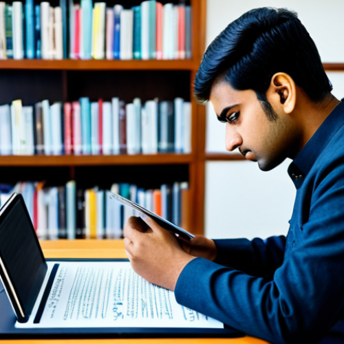 Home 11 A focused young professional, fully clothed in a modest, smart casual outfit, sits at a modern study desk. They are looking intently at a tablet screen displaying complex Devanagari script, with a slight look of concentration as if discerning word boundaries. The background is a clean, well-lit library or co-working space. Subtle, abstract digital elements hover near the screen, hinting at the complexity of language processing. This image emphasizes the challenges of Devanagari spacing for learners. Appropriate content, perfect anatomy, natural proportions, well-formed hands, proper finger count, safe for work, family-friendly, professional photography, high quality.