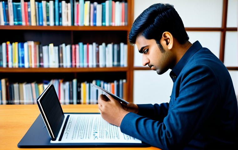 A focused young professional, fully clothed in a modest, smart casual outfit, sits at a modern study desk. They are looking intently at a tablet screen displaying complex Devanagari script, with a slight look of concentration as if discerning word boundaries. The background is a clean, well-lit library or co-working space. Subtle, abstract digital elements hover near the screen, hinting at the complexity of language processing. This image emphasizes the challenges of Devanagari spacing for learners. Appropriate content, perfect anatomy, natural proportions, well-formed hands, proper finger count, safe for work, family-friendly, professional photography, high quality.