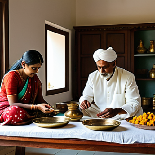 Home 6 A respectful scene depicting adult family members (men and women) in modest, traditional Indian attire, meticulously preparing ritual items in a clean, serene room. They are arranging fresh flowers, sacred herbs, and pristine white cloths on a low table, with traditional brass ritual vessels nearby. The atmosphere is solemn and peaceful, illuminated by soft, natural light filtering through a window. The focus is on their reverent hands and the symbolic items, conveying deep care and tradition. Fully clothed, appropriate attire, professional dress, safe for work, appropriate content, family-friendly, perfect anatomy, correct proportions, natural pose, well-formed hands, proper finger count, natural body proportions, professional photography, high quality.