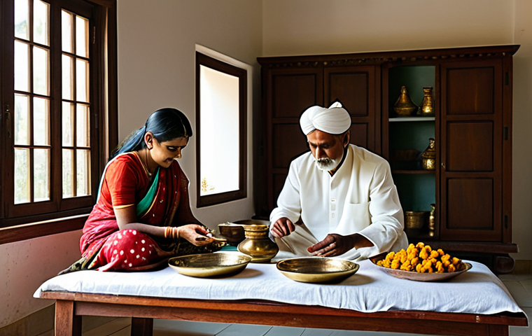 A respectful scene depicting adult family members (men and women) in modest, traditional Indian attire, meticulously preparing ritual items in a clean, serene room. They are arranging fresh flowers, sacred herbs, and pristine white cloths on a low table, with traditional brass ritual vessels nearby. The atmosphere is solemn and peaceful, illuminated by soft, natural light filtering through a window. The focus is on their reverent hands and the symbolic items, conveying deep care and tradition. Fully clothed, appropriate attire, professional dress, safe for work, appropriate content, family-friendly, perfect anatomy, correct proportions, natural pose, well-formed hands, proper finger count, natural body proportions, professional photography, high quality.