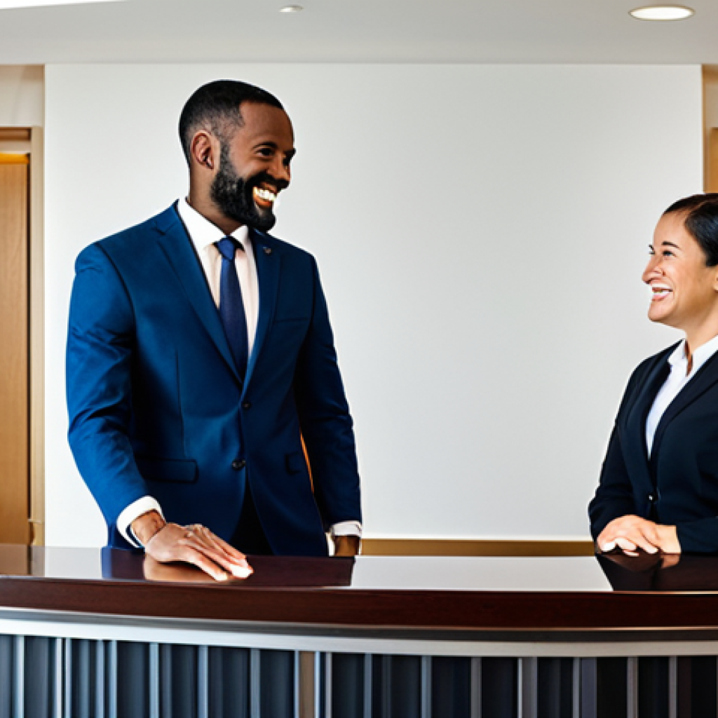 A friendly, professional hotel front desk staff member, fully clothed in a modest, smart uniform, warmly greeting a diverse family of hotel guests at a sleek, modern hotel reception desk. The guests, including a man and a woman, are also fully clothed in appropriate attire. The brightly lit lobby features elegant decor, and the atmosphere is welcoming and efficient, showing clear, positive communication. This image emphasizes breaking language barriers and enhancing guest satisfaction.
    *   **Safety requirements:** safe for work, appropriate content, fully clothed, professional dress, modest clothing.
    *   **Anatomy requirements:** perfect anatomy, correct proportions, natural pose, well-formed hands, proper finger count, natural body proportions.
    *   **Quality markers:** high-resolution, professional photography, clean background, realistic lighting.