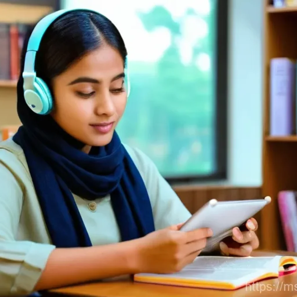 힌디어 알파벳 구조 - Focused Language Learner**
    A young Malaysian woman, in her early twenties, is engrossed in learn...