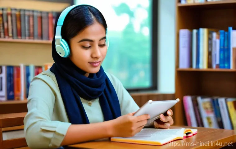 힌디어 알파벳 구조 - Focused Language Learner**
    A young Malaysian woman, in her early twenties, is engrossed in learn...