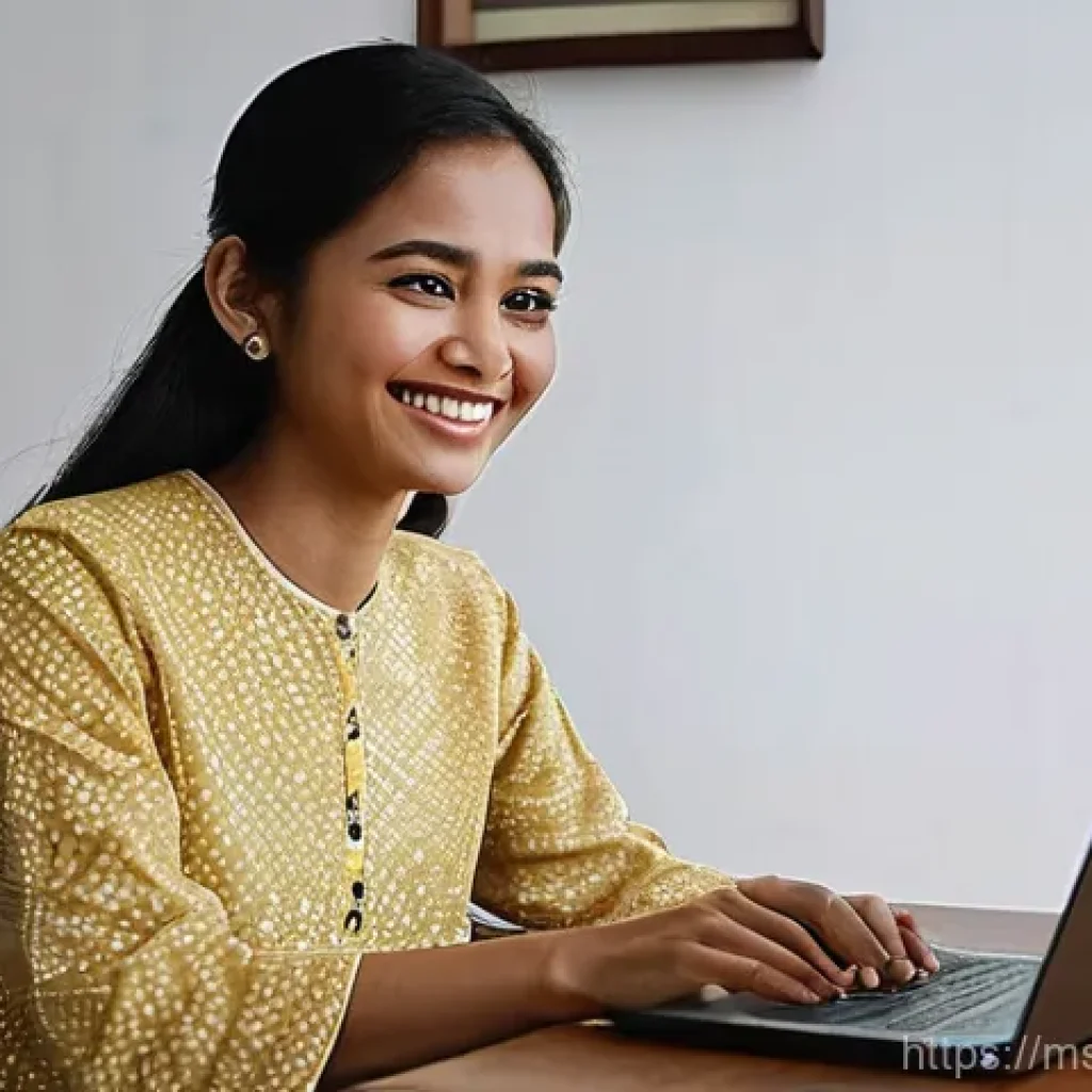 힌디어 원어민과 영상 통화 - **Prompt:** A young Malaysian woman, in her early twenties, is seated at a polished wooden desk in a...