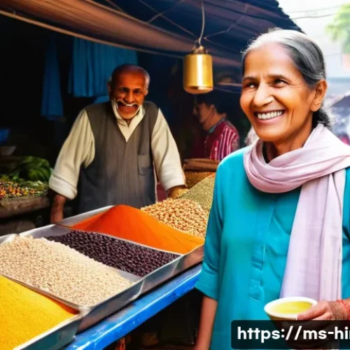 힌디어 여행 필수 표현 - A vibrant, bustling Indian street market scene. A Malaysian female tourist, wearing a modest, knee-l...