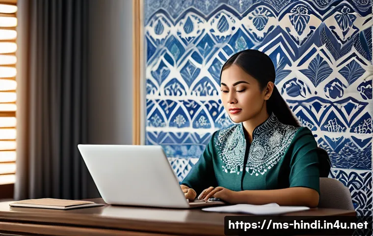 힌디어 속담과 격언 - A serene office scene featuring a Malay professional in modern business attire, sitting calmly at a ...