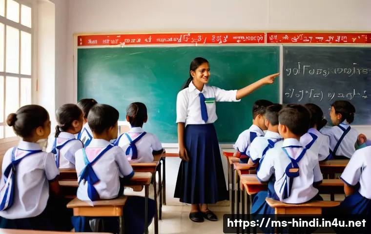 힌디어로 글쓰기 연습 - A vibrant classroom scene in an Indian school setting, featuring a diverse group of young Malay stud...