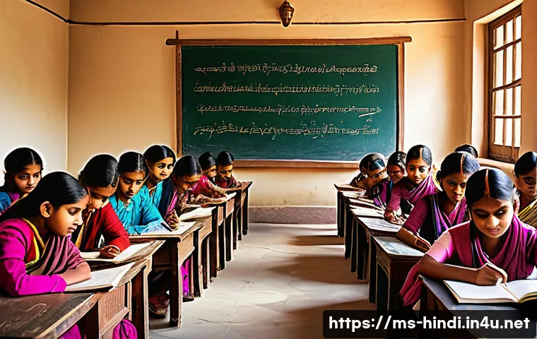 힌디어와 우르두어 차이 - A vibrant and detailed illustration of a traditional Indian classroom scene in northern India, showc...