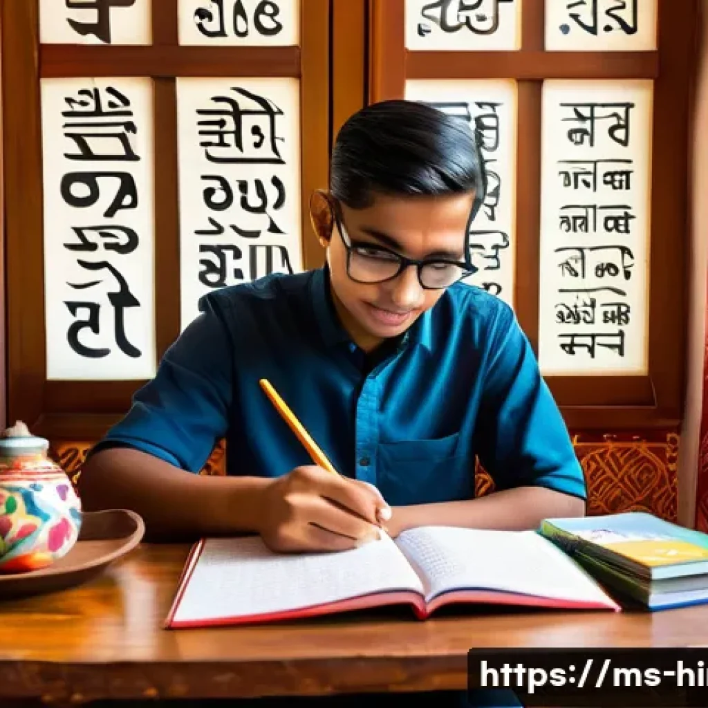 힌디어 학습법 - A cozy study corner in a Malaysian home featuring a young adult Malay learner sitting at a wooden de...