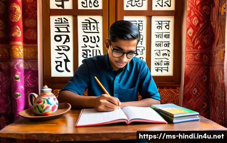 힌디어 학습법 - A cozy study corner in a Malaysian home featuring a young adult Malay learner sitting at a wooden de...