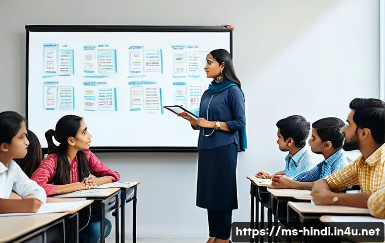 힌디어 관련 직업 - A modern Malaysian classroom scene showing a diverse group of adult students attentively learning Hi...
