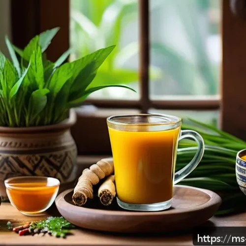 힌디어와 건강 - A vibrant Malaysian kitchen scene featuring a wooden table with fresh turmeric roots, ginger, lemong...