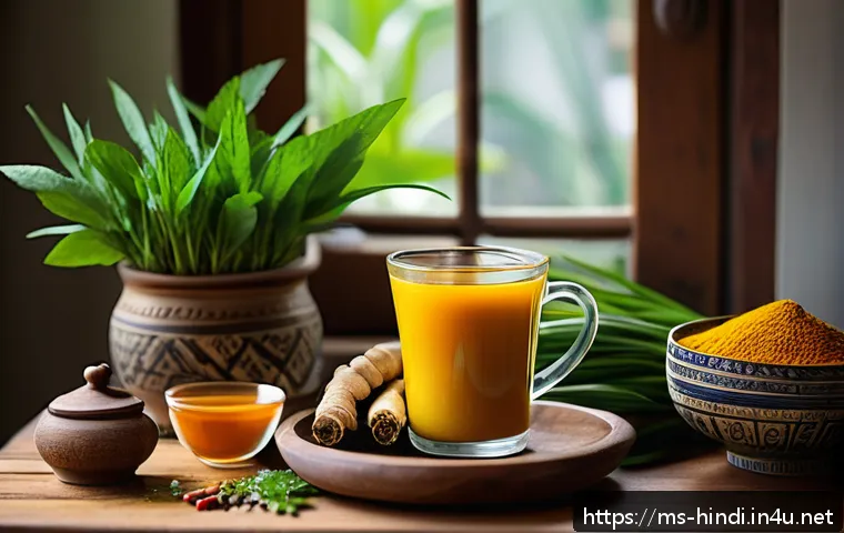 힌디어와 건강 - A vibrant Malaysian kitchen scene featuring a wooden table with fresh turmeric roots, ginger, lemong...