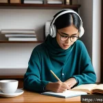 힌디어 단기 집중 학습법 - A focused young Malay woman sitting at a tidy wooden desk in a bright, minimalist room with soft nat...