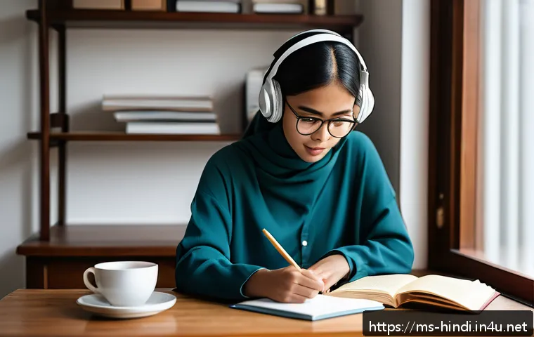 힌디어 단기 집중 학습법 - A focused young Malay woman sitting at a tidy wooden desk in a bright, minimalist room with soft nat...