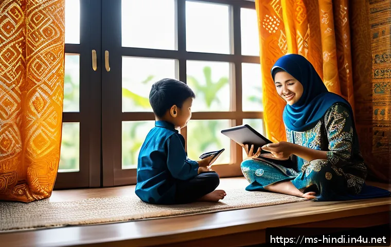 힌디어와 전자책 - A cozy Malaysian home interior featuring a family reading digital books together on tablets and e-re...