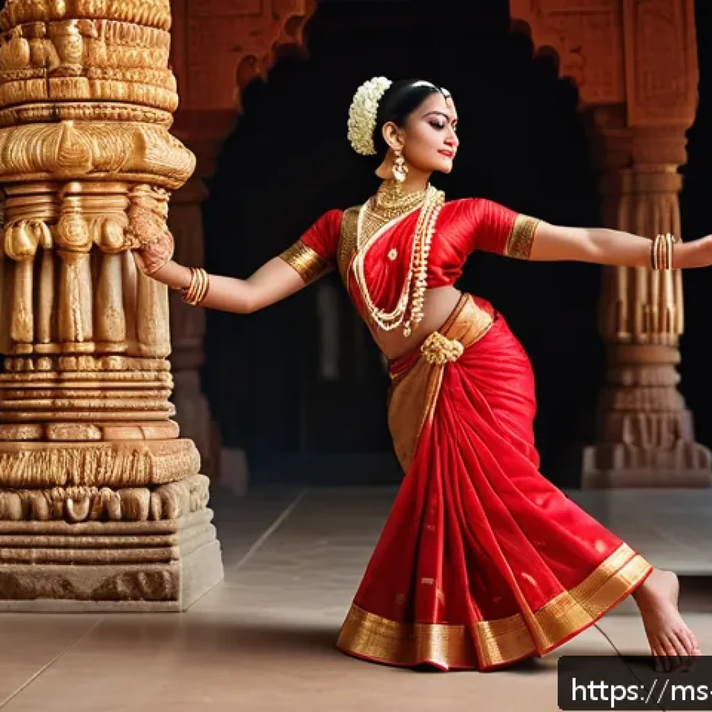 힌디어와 인도의 전통 춤 - A graceful Bharatanatyam dancer from Tamil Nadu performing in a traditional temple setting, wearing ...
