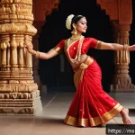 힌디어와 인도의 전통 춤 - A graceful Bharatanatyam dancer from Tamil Nadu performing in a traditional temple setting, wearing ...