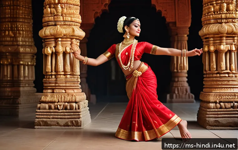힌디어와 인도의 전통 춤 - A graceful Bharatanatyam dancer from Tamil Nadu performing in a traditional temple setting, wearing ...