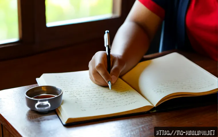 힌디어로 일기 쓰기 - Photorealistic close-up of a Malaysian university student writing a personal diary in a blank lined ...